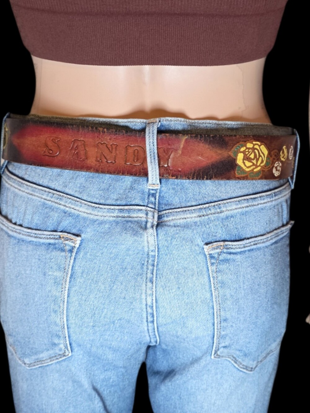 Vintage Tooled Leather Name Belt SANDY Painted Yellow Rose Western Boho - Picture 3 of 14